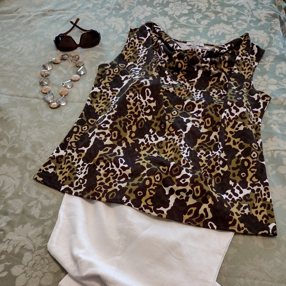 Vintage 90's Only 9 1X Olive Chartreuse Brown White Cowl Neck Sleeveless Top